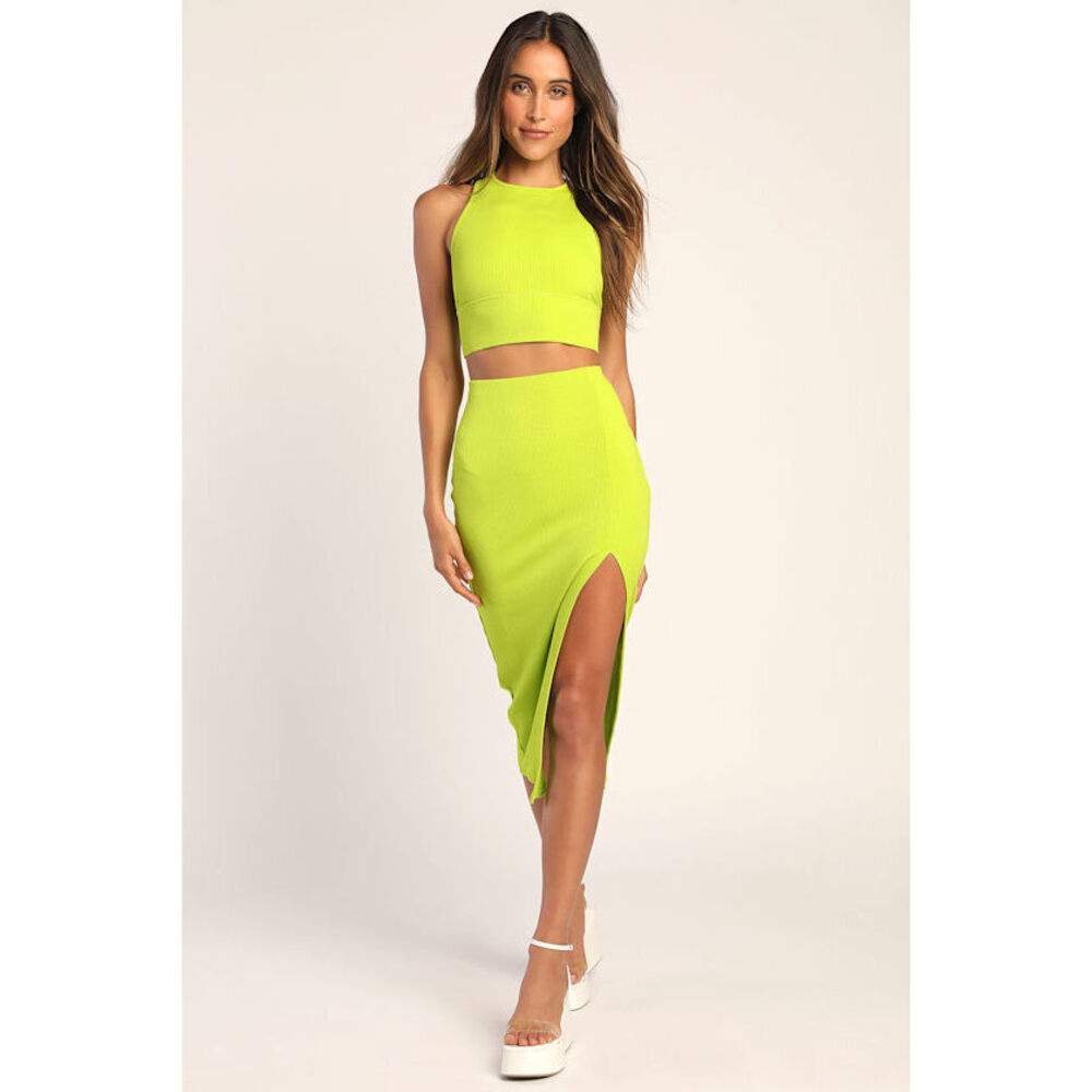 Lulus Absolute Edge Lime Green Sleeveless Two-piece Bodycon Midi Dress - Size S